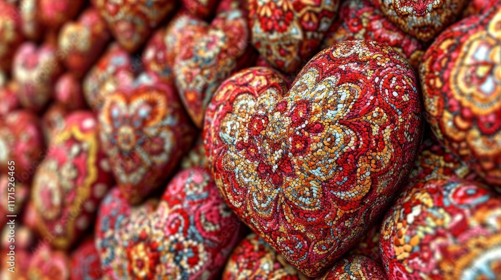 Poster mandala-inspired heart patterns in vibrant red and gold tones creating a warm and inviting atmospher