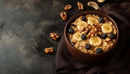 Oatmeal with walnuts, blueberries and banana in a bowl - healthy country breakfast top view