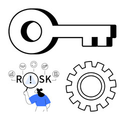 Large key, gear outline, individual viewing RISK with icons. Ideal for security, risk management, strategy, innovation, problem-solving, system optimization abstract line flat metaphor