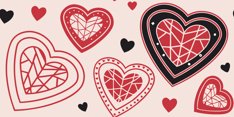 Geometric hearts in red and black are scattered across a light background. Patterns within the hearts create a mosaic-like effect, adding a playful and modern touch.AI
