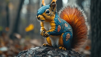 Fototapeta premium Vibrant Squirrel Perched on Intricately Marked Wooden Artwork