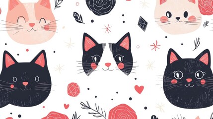 Hand Drawn Cats, Roses, and Diamonds: Vibrant and Playful Seamless Pattern in Vector Format for Creative Projects, Wallpapers, and Textiles