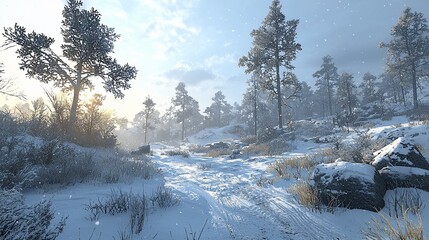 Sunlit snowy path through a winter forest.