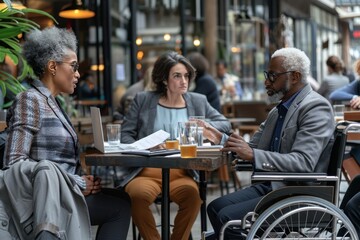 Fototapeta premium Diverse Business Colleagues Engage in Outdoor Meeting, Discussing Disability Insurance