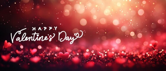 Romantic Valentines Day Background with Red Hearts and Sparkling Lights
