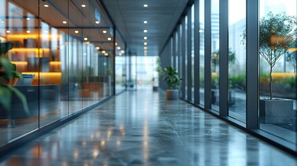 Obraz premium Modern office hallway with glass walls and plants.