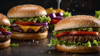 Juicy cheeseburgers with fresh toppings, ready to be devoured.  A delicious close-up shot of mouthwatering burgers.