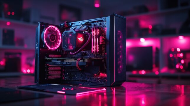 Pink-lit, open PC case, showcasing internal components.