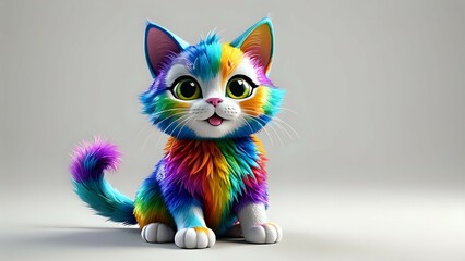 Adorable rainbow kitten, 3D render, playful, cheerful, vibrant colors, fluffy fur, cute expression, digital art, cartoon style, happy pet, bright, colorful animal.