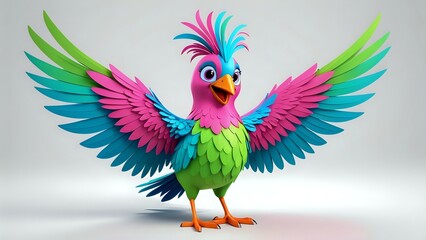 Fototapeta premium Cheerful cartoon bird with vibrant multicolored wings, standing on a white background. Perfect for children's books, websites, and branding.