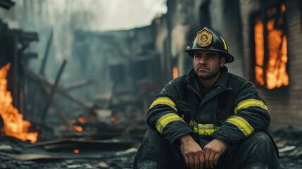 a tired fireman sits on the background of a burnt building  