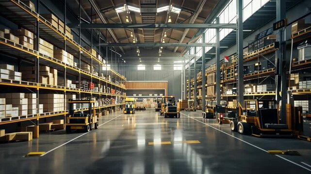 Warehouse Efficiency: A vast, well-lit warehouse showcases rows of neatly stacked pallets and multiple forklifts, symbolizing seamless logistics and operational excellence.