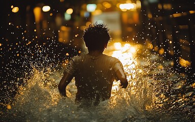Obraz premium Boy running through floodwater at night, back view.