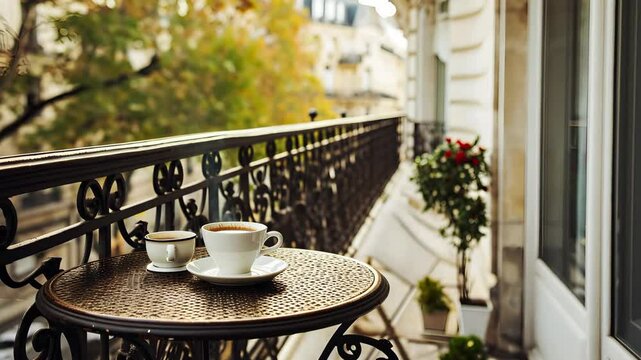 Parisian Balcony Moment: A cozy table with two cups of coffee on a charming balcony overlooking a Parisian street. The warm glow of autumn foliage adds a touch of romance to this intimate scene. 