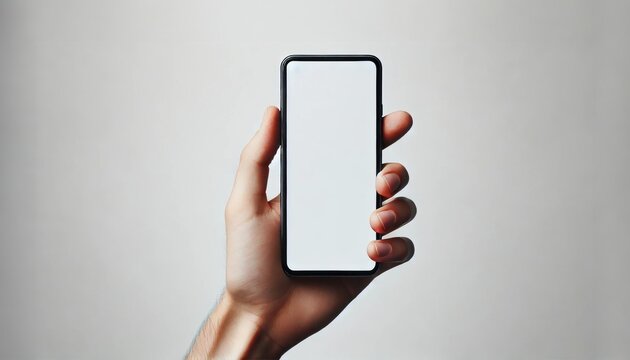 Male hand holding phone with empty screen, isolated on white background