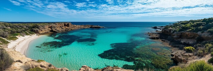 A beautiful blue ocean with a sandy beach. The water is calm and clear. The sky is blue and there are no clouds