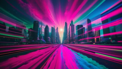 Abstract, futuristic city of concrete and neon. Night city view, illumination. Dark street, abstract scene, neon rays