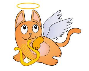 Red cartoon cat with white wings, a golden nimbus and a harp. Cat angel playing the lyre in flight. Funny cute cat - cupid - vector character.	