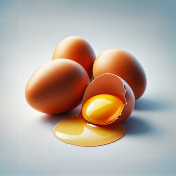 Chicken eggs and half broken egg with yolk isolated on white background