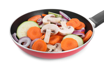 Frying pan with mix of fresh vegetables and mushrooms isolated on white