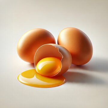 Chicken eggs and half broken egg with yolk isolated on white background