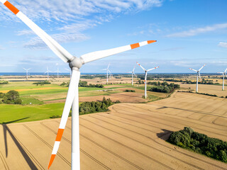 Wind turbines renewable energy power aerial view photo at the Baltic Sea near Heiligenhafen, Germany