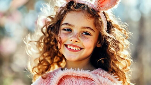Adorable Bunny Girl: A charming portrait of a freckled girl with curly red hair, wearing a pink bunny costume and headband, radiates pure joy.  