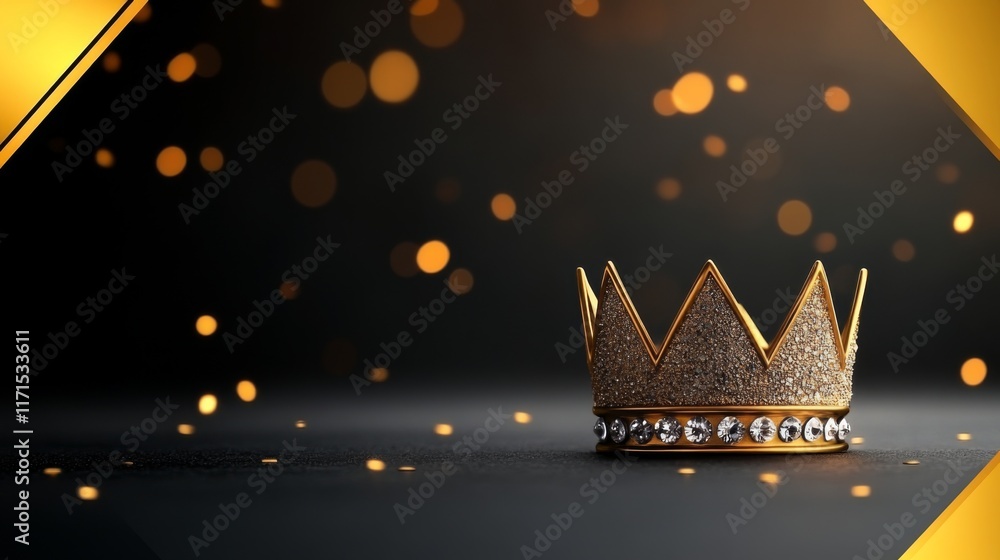 Poster crown with glittering details rests on a dark surface surrounded by golden sparkles creating an eleg