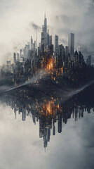 Fototapeta premium surreal cityscape reflecting on water, showcasing towering skyscrapers and glowing lights
