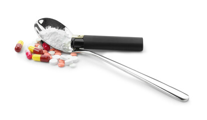 Drug addiction. Different pills, spoon with powder and cigarette lighter isolated on white