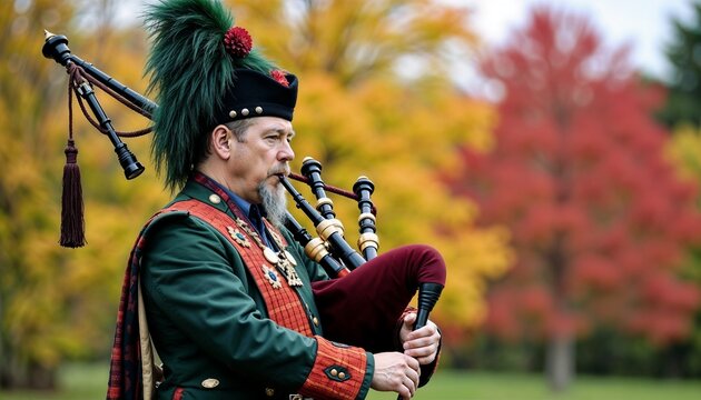 Man in traditional Scottish attire playing bagpipes outdoors against vibrant autumn foliage
