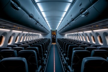Interior view of a modern airplane cabin showing rows of empty seats and illuminated overhead lighting