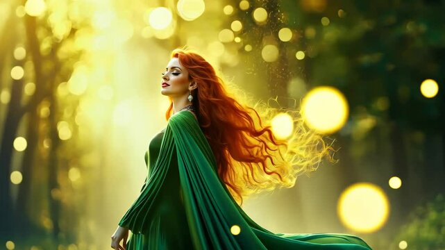 Enchanted Forest Goddess: A redhead woman in a flowing green dress, amidst a magical forest with glowing orbs, evokes ethereal beauty and mystique. 