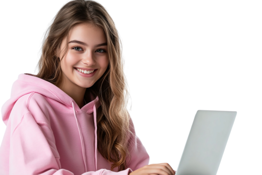 Cheerful young woman in a pink hoodie, focused on using a laptop. Isolated on a transparent white background, ideal for tech and lifestyle concepts.

