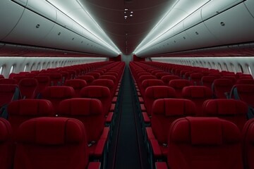 Interior of a modern airplane cabin with red seating arranged in rows during a quiet journey