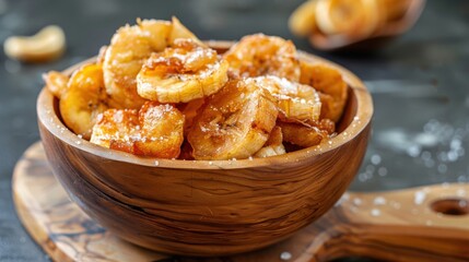 Crispy fried sliced banana with sugar, sweet banana chips in wooden bowl. 