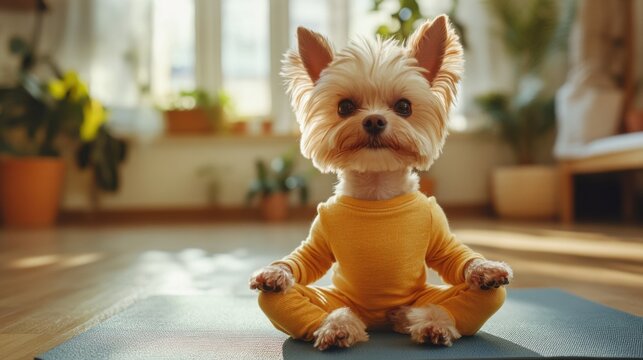 Adorable Yorkshire Terrier in a yellow outfit sitting in a yoga pose on a mat, in a cozy sunlit room - Powered by Adobe