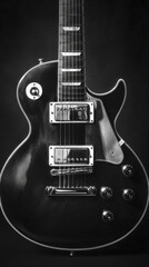 Black and white close up of guitar showcasing its strings and body, evoking sense of musical passion