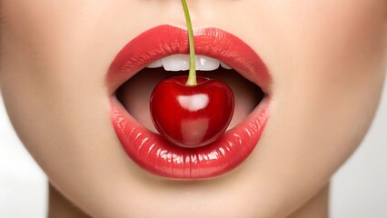 A sensual close-up shot of glossy red lips gently holding a ripe cherry by its stem, symbolizing the Cherry Coded beauty trend with vibrant elegance and playful charm.