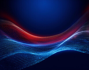 Modern futuristic blue and red dynamic wavy line dotted texture on dark blue background