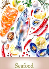 varios mariscos, cartel de acuarela