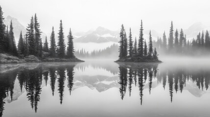 Obraz premium serene black and white foggy lake with reflections of tall trees and mountains