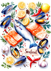 varios mariscos, cartel de acuarela