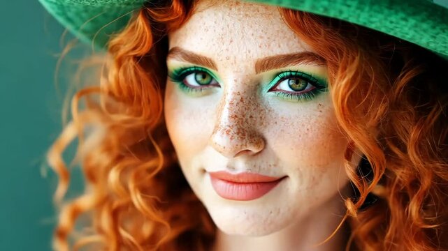 Redhead Girl in Green Hat: Portrait of a beautiful woman with vibrant red curly hair, wearing a stylish green hat, and showcasing captivating green eye makeup.  A charming and festive look. 