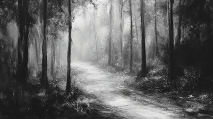 Misty forest path with tall trees creating serene atmosphere
