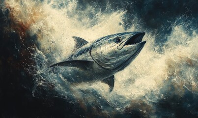 Obraz premium Large tuna leaping, ocean waves, powerful painting.