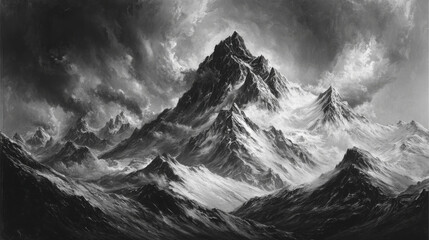 Dramatic black and white mountain landscape with towering peaks and clouds