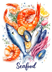 varios mariscos, cartel de acuarela