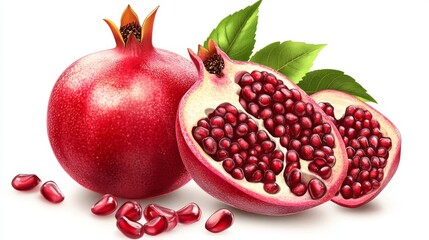Fresh pomegranates in a wicker basket and green leaves on a wooden table on a white background.