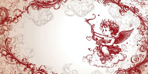 Cute doodle of a cupid drawing hearts and arrows among playful clouds in a whimsical red and white design
